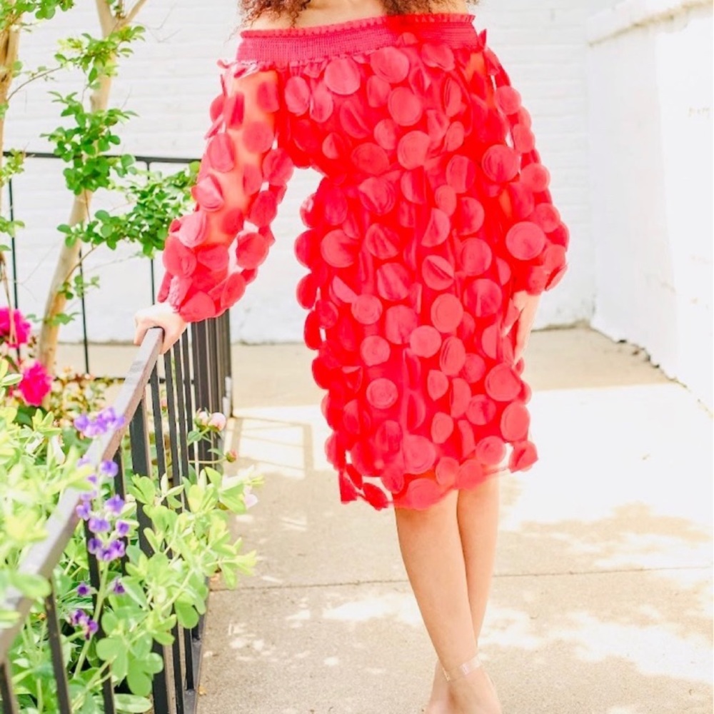 Souk & Sépia red 3-D petal off the shoulder dress
